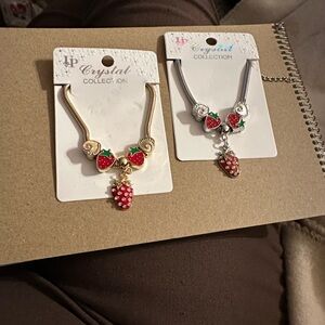 Two Strawberry Pendant charm bracelets Red Enamel Crystal Accent